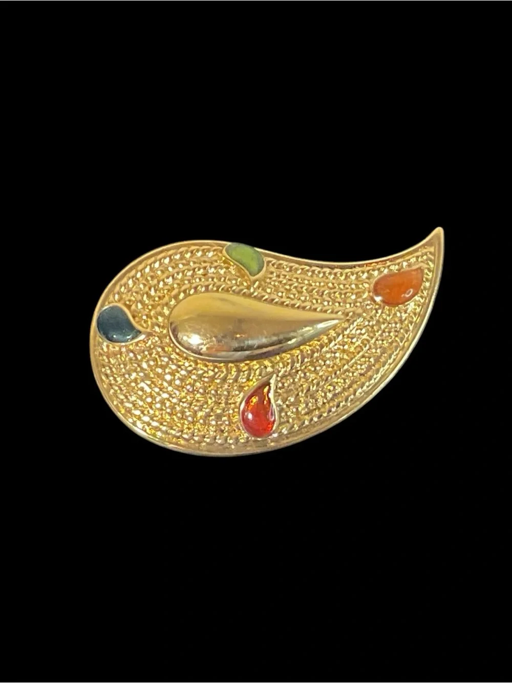 Vintage Gold Tone Paisley Brooch Abstract Teardrop Confetti Cabochon Accent Pin